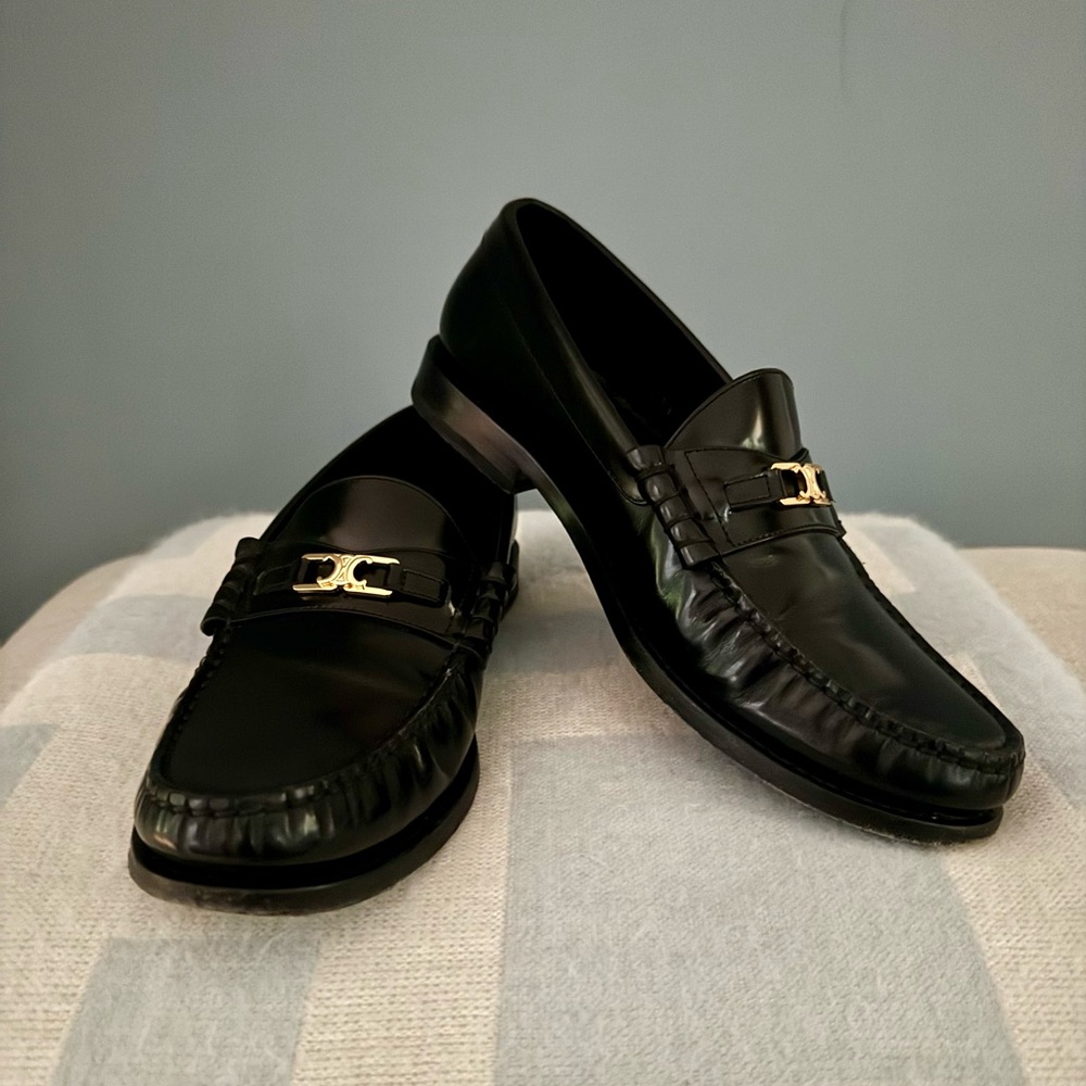 Celine Black Leather Loafers with Gold Accent